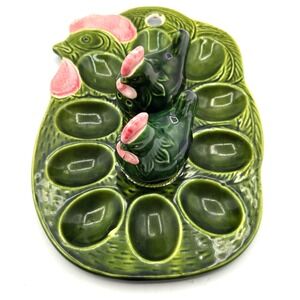 Vintage Deviled Egg Plate Tray Rooster Salt & Pepper Shakers Green Made Japan